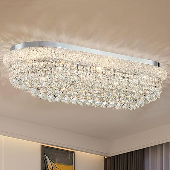 Modern Rectangle Ceiling Crystal Chandelier - Length 36 inches Fulsh Mounting Chandeliers, Oval Light Fixtures for Living Dining Room, Bedroom