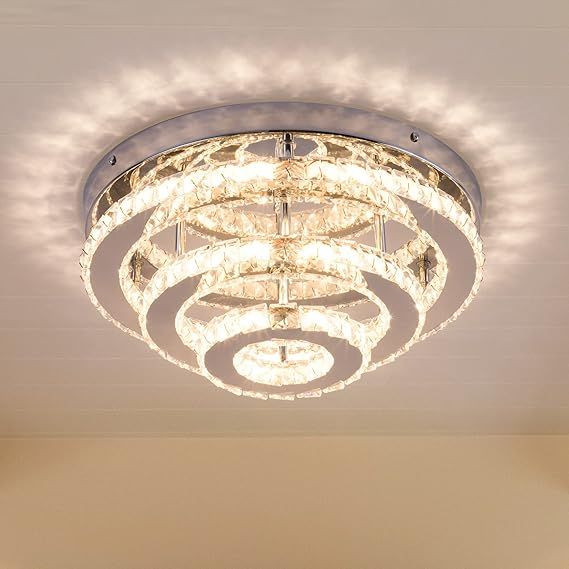 Modern Crystal Chandelier Round LED Ceiling Light Flush Mount Crystal Chandeliers for Dining Room Bedrooms Living Room,42W,3000 K