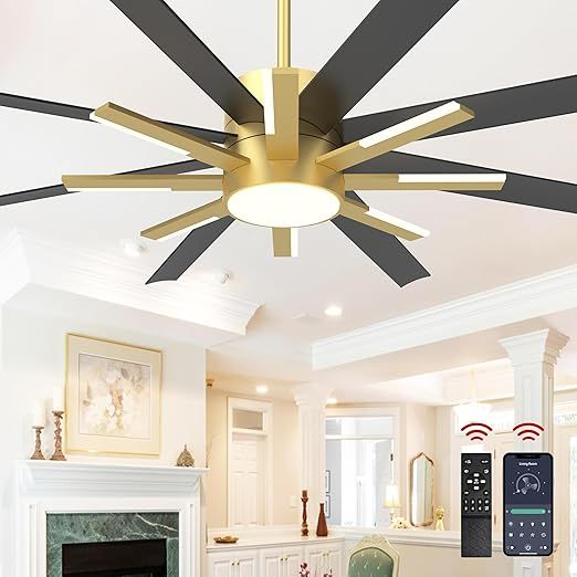 72 inch Large Ceiling Fans with Lights and Remote，Indoor/Outdoor Modern Ceiling Fan for Living Room Patio，6 Speed Reversible，8 Blades and 9 Lights，3 CCT，Black Gold