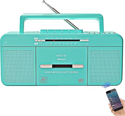 Portable Retro Stylish Cassette Player Recorder Boombox with Bluetooth,USB,AM/FM Radio,Tape Player/Recording,USB Playback/Recording,Cassette to MP3 Converter,Earphone Jack,AC/DC Powered(Teal)
