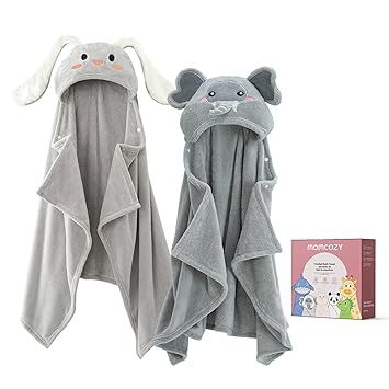 Momcozy Baby Bath Towels with Visualize Health Label - Ultra Soft & Absorbent Coral Fleece Hooded Towels for Newborn, Infant, Toddler (0-36 Months) Bath Essentials (Large Size,2 Pack)