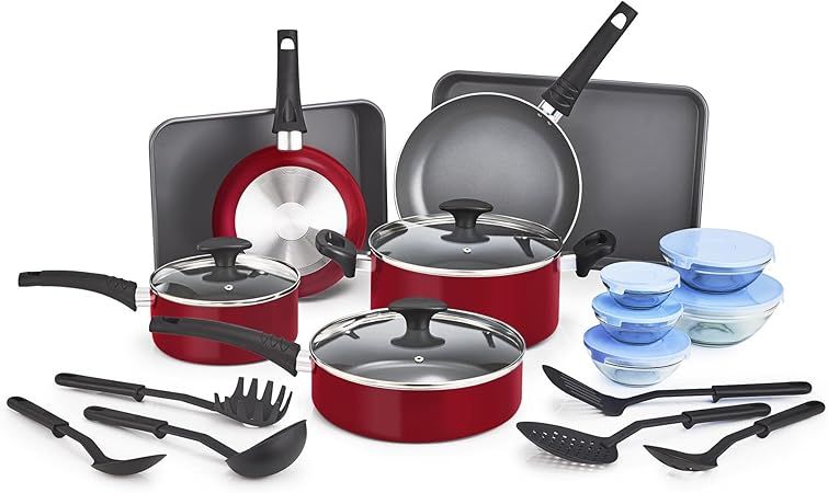 BELLA Cookware Set with Glass Lids - Nonstick, PFOA Free and Scratch Resistant Surface, Aluminum Bakeware, Pots and Pans, Storage Bowls & Utensils, Compatible with All Stovetops, 21 Piece, Red