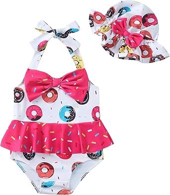 Kucnuzki Baby Girl Swimsuit Newborn One Piece Bathing Suit Bow Tie Bikini Tankini Infant Swimwear with Hat