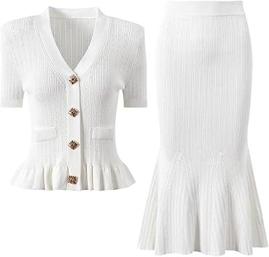 Women's Short Sleeve Knit Top Fishtail Half Skirt Set With Diamond Buttons