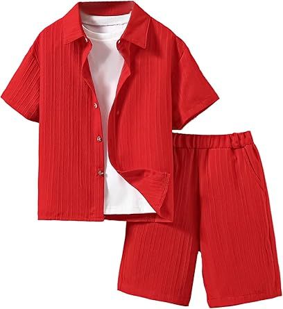 Boy's 2 Piece Beach Vacation Textured Linen Outfit Short Sleeve Button Down Shirt Top and Shorts Summer Set