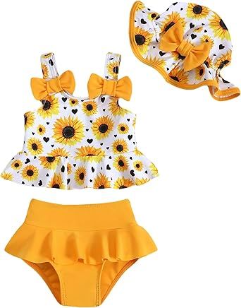 Mioglrie Baby Infant Swimsuit Girl Toddler Bathing Suit Girl Summer Beach Bikini Tankini Swimwear Hat 3-24 Months 2t-5t