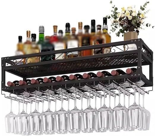 Zfmnoyev Wine Rack,Wine Glass Holder,Wall Mounted Wine Rack,Vintage Wall-Mounted Iron Wine Racks, Upside Down Goblet Stemware Racks, Champagne Glass Rack (Color : Brown, Size : 100x30x27cm)