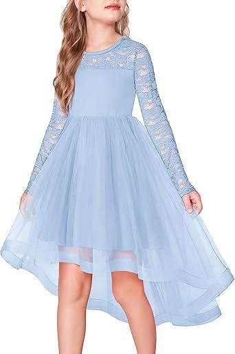 Arshiner Flower Girl Lace Tutu Dresses High Low Hem Long Sleeve Flowy Formal Party Wedding Dress