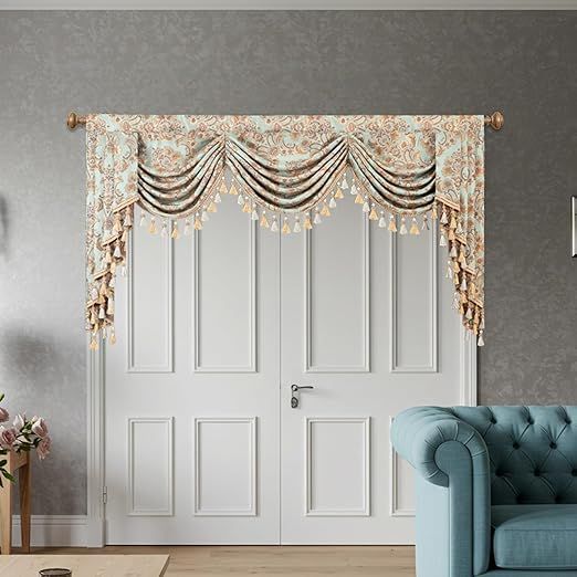 VOGOL Vintage Damask Jacquard Swag Valance, Luxury Light Filtering Waterfall Valance for Living Room, Bay Windows, Timeless Elegance for Modern & Traditional Homes, 79 Inches Wide, 1 Panel