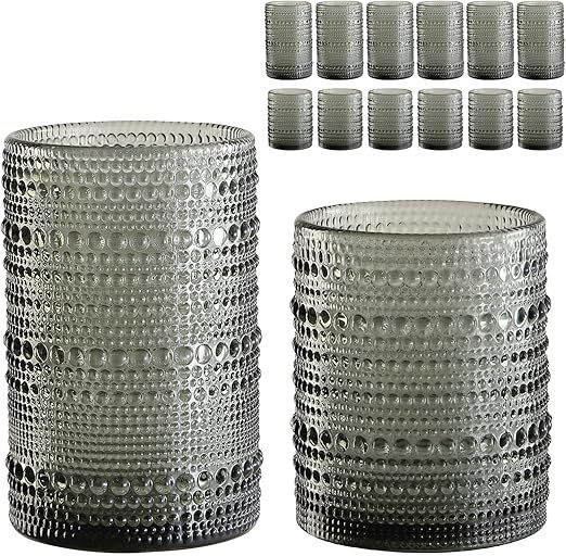 Vintage Glassware Drinking Glasses Set of 12,Grey 12oz & 15oz Hobnail Glass Cups,Embossed Water Tumbler,for Beer,Cocktail,Whiskey,Juice and Various Mixed Drinks- 1 Cleaning Brush
