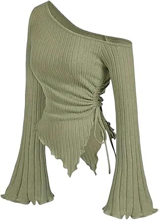 Women's Spring and Summer Solid Color Off-Shoulder Cross Long Sleeve Slim Street Asymmetrical Elegant Bell Sleeve Top