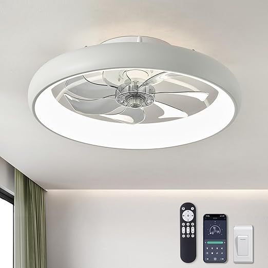 Ceiling Fans with Lights and Remote, 20'' Low Profile Flush Mount, 6 Wind Speeds, Modern Dimmable LED Ceiling Fan, Smart Ceiling Fan for Bedroom, Kids Room (White)
