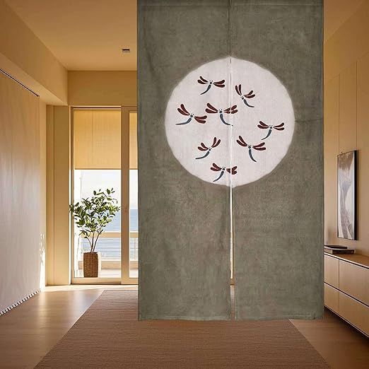 Hand Dyed Japanese Doorway Curtain/Shibori Cotton Noren Door Curtain/Various Patterns (Dragonflies - Khaki Gray)