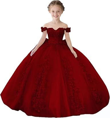 Lace Beaded Flower Girl Dresses for Wedding Off Shoulder Gilrs Pageant Dress Tulle Toddler Ball Gowns with Big Bow