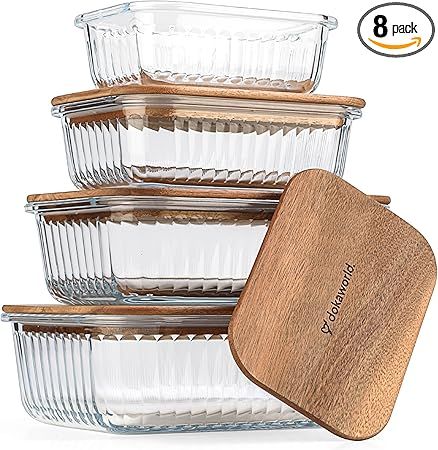 Set of 4 Stackable Space-Saving Nesting Glass Bowls with Airtight Acacia Lids for Lunch, Meal & Food Prep - Microwave & Oven-ready BPA Free Durable Heat Resistant Inert Borosilicate Glass