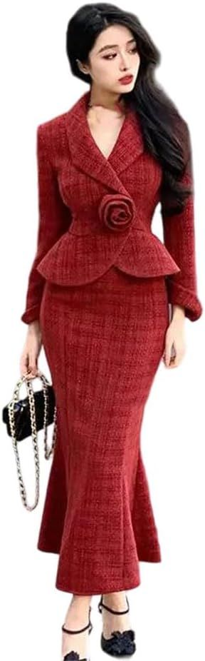 Women Year Vintage Red Fragrant Long Fishtail Skirt Set Slim Fit Conjuntos Elegante Blazer Suit