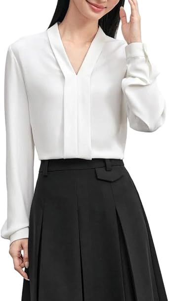 Women's Elegant V-Neck Long Sleeve Chiffon Shirts Top Flowy Office Work Shirt
