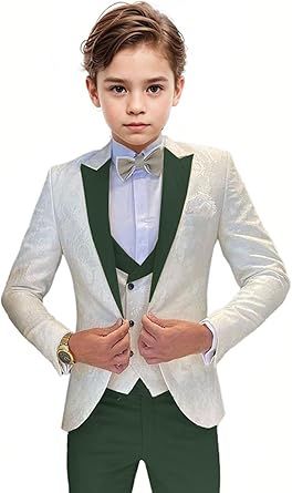 Boys Tuxedo Suit Jacquard Slim Fit 3 Piece Kids Tuxedo Suits for Boys Formal Wedding Suit Blazer Vest Pants