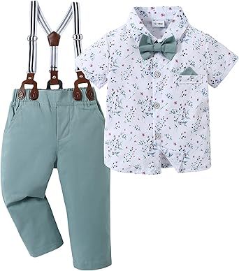 DISAUR Boy Suits Boys Wedding Outfit Dress Shirt with Bowtie/Suspender Pants for Formal Occasion 6-10 Years