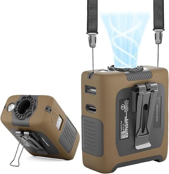 Portable Fan Wearable Personal Fan with 5 Speed Max 55 Working Hours Low Noise Portable Neck Fans Cooling Waist Fans for Camping Traveling LED Power Display 10000mAh Rechargeable (Brown)
