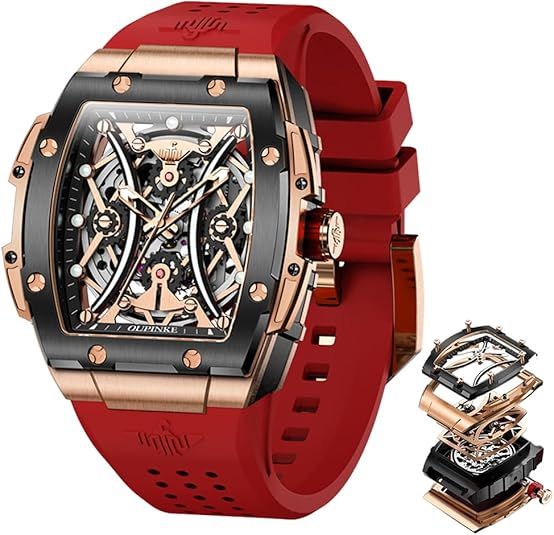 OUPINKE Watch Men Self Winding Luxury Skeleton Mechanical Business Dress Square Wrist Watches Calendar Black Watches