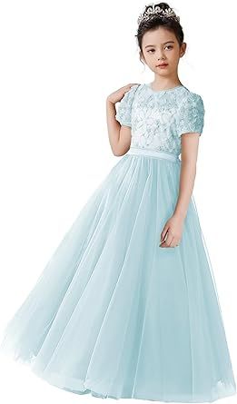 dideyttawl Flower Girls Dress 3D Embroidery Lace Appliqued Puff Tulle Satin Bow High-Waisted Maxi Dress 754T