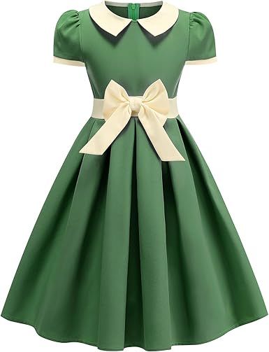 Kids 1950s Vintage Dresses for Girls 50s Outfits Collar Retro 50's Tea Party Bowknot Audrey Hepburn Rockabilly Swing Dress