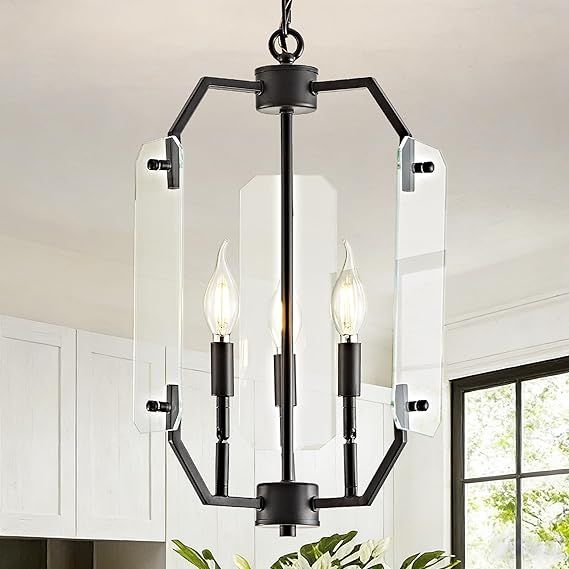 OKELI 3-Light Farmhouse Lantern Chandelier, 11.8" Modern Black Chandeliers with Adjustable Chain, Hanging Glass Pendant Lighting Fixtures for Entryway, Foyer, Kitchen Island, Living Room, E12