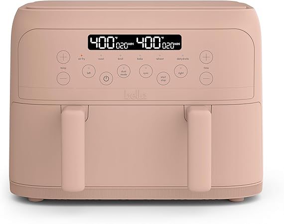 bella 4 Qt TriZone Air Fryer, EverGood™ Ceramic Nonstick Coating, Dual Basket Design w Removable Divider, Digital Touchscreen Control w 6 Preset Cooking Options, 1200 Watt, 3lb Capacity, Blossom
