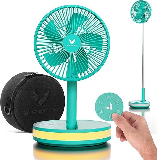 VENTY Portable Fan - Wireless Battery Operated Fan - 4 Speeds - LED Lighting - Carry Case & Remote Control - Cruise Travel - Outdoor Travel RV Power Bank With USB-C Port (Mint with Case)