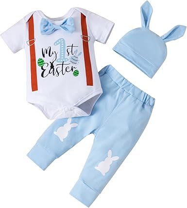 Fairy Baby Infant Baby Boy My First Easter Day Gentleman Outfits Newborn Bow Tie Romper Bunny Pant Clothes Set with Hat 0-18M