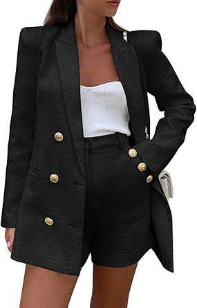 Cicy Bell Womens 2 Piece Tweed Blazer Shorts Sets Long Sleeve Double Breasted Suit Jackets Business Outfit