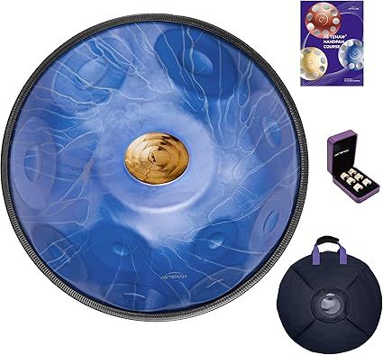ASTEMAN Handpan in D Minor, 22 inches with 11 notes, comes with a backpack, courses, finger sleeves, stand, cleaning cloth, and two mallets.(Blue, 432hz)
