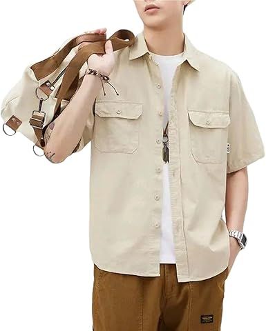 Men's Short Sleeve Cotton Shirt Casual Button Down Workwear Collared Overshirt Outdoor Top
