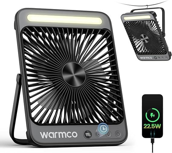 Warmco Battery Powered Fan, 20000mAh 22.5W 8-Inch Ultra-thin Rechargeable Camping Fan with LED Light, MAX 48H Runtime, 8H Timer, Portable Travel Fans for Sleeping, Outdoor, Indoor, Cruise Essential