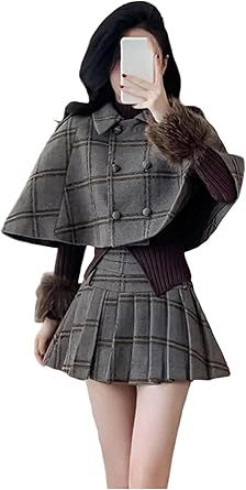 Women Three Piece Skirt Suit Set Short Cloak Coat Knit Top and High Waist Pleated Skirt for Winter