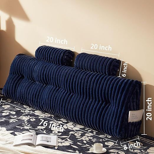Faux Fur Headboard Pillow with 2 Pack Neck Roll Pillow Large Headboard Pillow Soft and Supportive with Removable Cover (Blue, King)