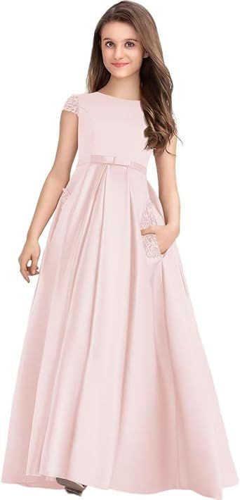 Princess Long Lace Satin Junior Bridesmaid Dress Flower Girl Dress