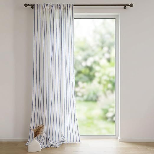 100% Linen Striped Curtains for Living Room, 52 x 63 Inch Rod Pocket Window Curtain for Sliding Glass Door Bedroom Dining Room 1 Panel, Blue