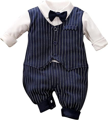 HUAANIUE Newborn Baby Boys Gentleman Romper One Piece Long Sleeve Bowtie Outfit Formal Wear Tuxedo Suit