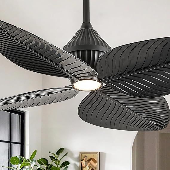 52" Tropical Ceiling Fans with Lights, Indoor Palm Leaf Ceiling Fan with Light and Remote for Living Room Bedroom, ABS Blades, Dimmable LED Lights, 6 Speeds, Adjustable Height-Black