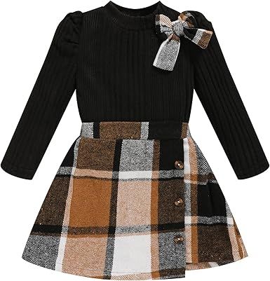 Toddler Girl Plaid Outfits Fall Winter Dress Knit Ribbed Bow Sweatshirt Tops and Button Fashion Skirts Set