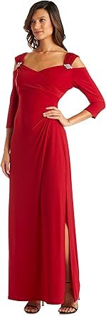 R&M Richards Women's Off The Shoulder Sweetheart Column Gown | Rhinestone Accent & Side Slit Dress | Cocktail & Party Attire