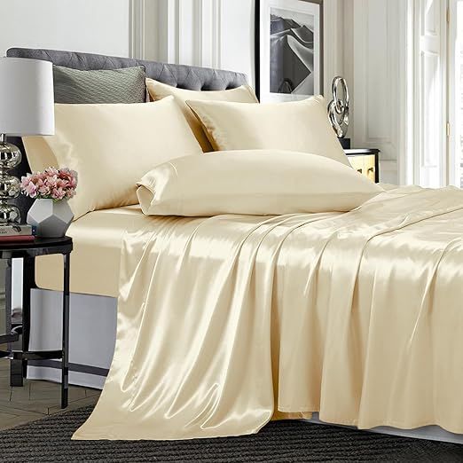 Twin XL Size 4-Piece Sheet Set Premium 30 Momme Mulberry Silk Bed Sheets Set Fits 23-26" Deep Pocket (Solid, Beige)