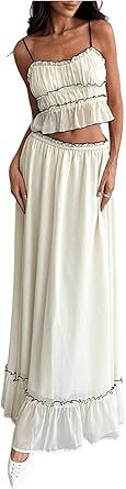 SOLY HUX Women's Skirt Sets 2 Piece Outfits Contrast Trim Ruffle Hem Cami Tops and Maxi Skirt Vacation Set