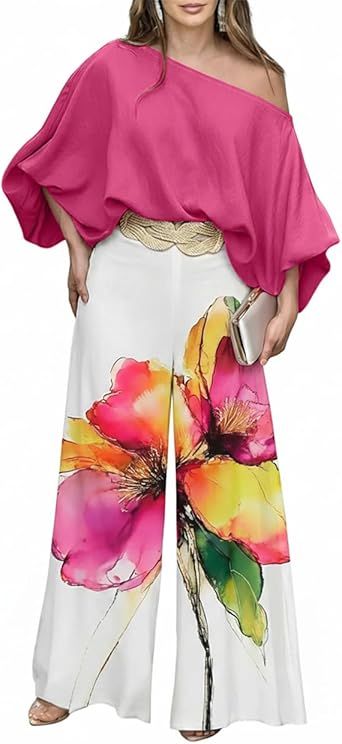 CHICME Women Summer 2 Piece Outfits Off Shoulder Lantern Sleeve Top Flowy Wide Leg Pants Set