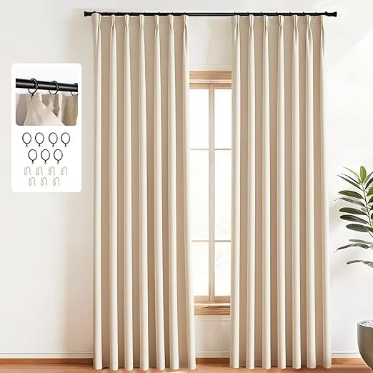 Pinch Pleated Curtains Blackout Two Pages Pinch Pleated Drapes for Bedroom Living Room，Black Liner Thermal Insulated Draperies with Hooks&Curtain Ring W40 x H96 Inch Beige