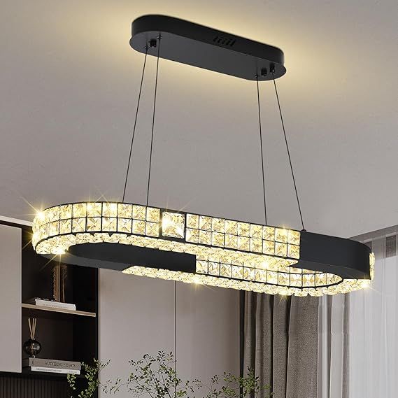 Oval Crystal Chandelier, 31.5'' Black LED Ring Chandelier for Kitchen Island Modern Linear Oval Chandeliers for Dining Room Dimmable 3000K-6000K