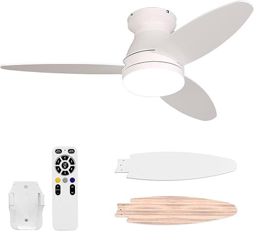 Flush Mount Ceiling Fans with Lights 42 Inch, 3 Blade LED Low Profile Ceiling Fans with Remote for Bedroom Living Room Patio, Dimmable, 3CCT, Quiet Reversible DC Motor, White