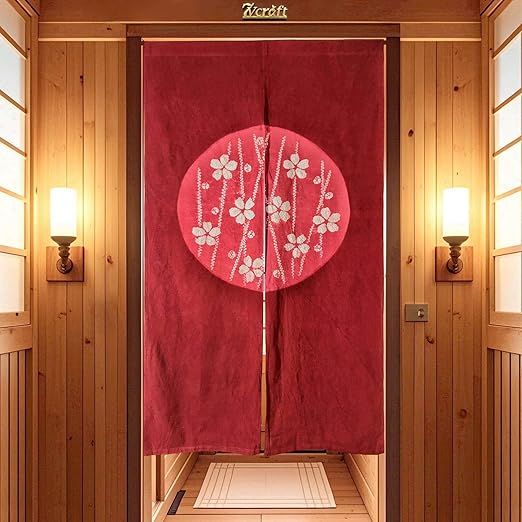 Hand Dyed Cotton Japanese Doorway Curtain/Shibori Noren Door Curtain/Doorway Tapestry (Cherry Blossom - Red, 33.5x59in)